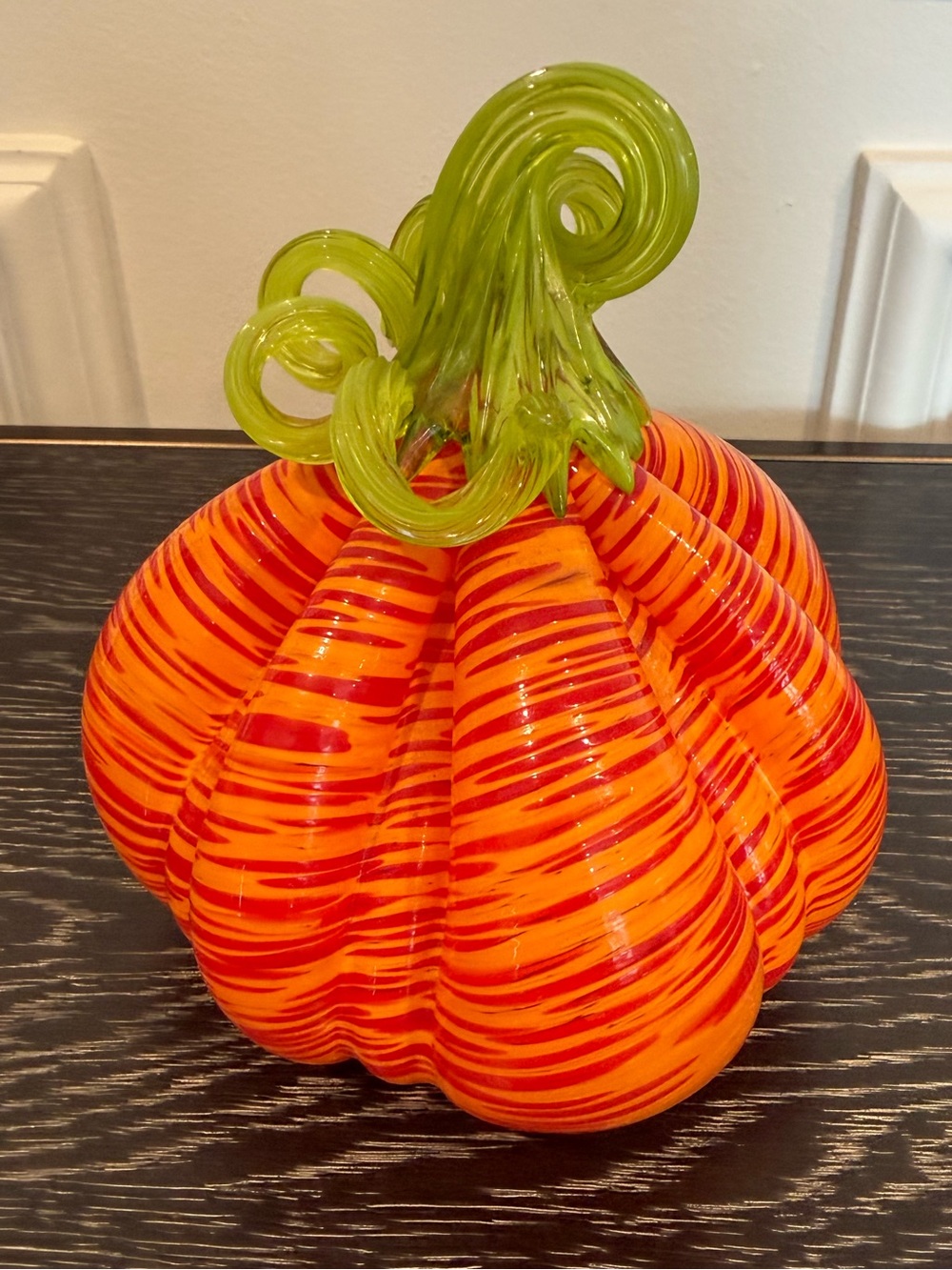 Signed Gathering Glass Hand-Blown Orange Art Glass Pumpkin Green Curled Stem